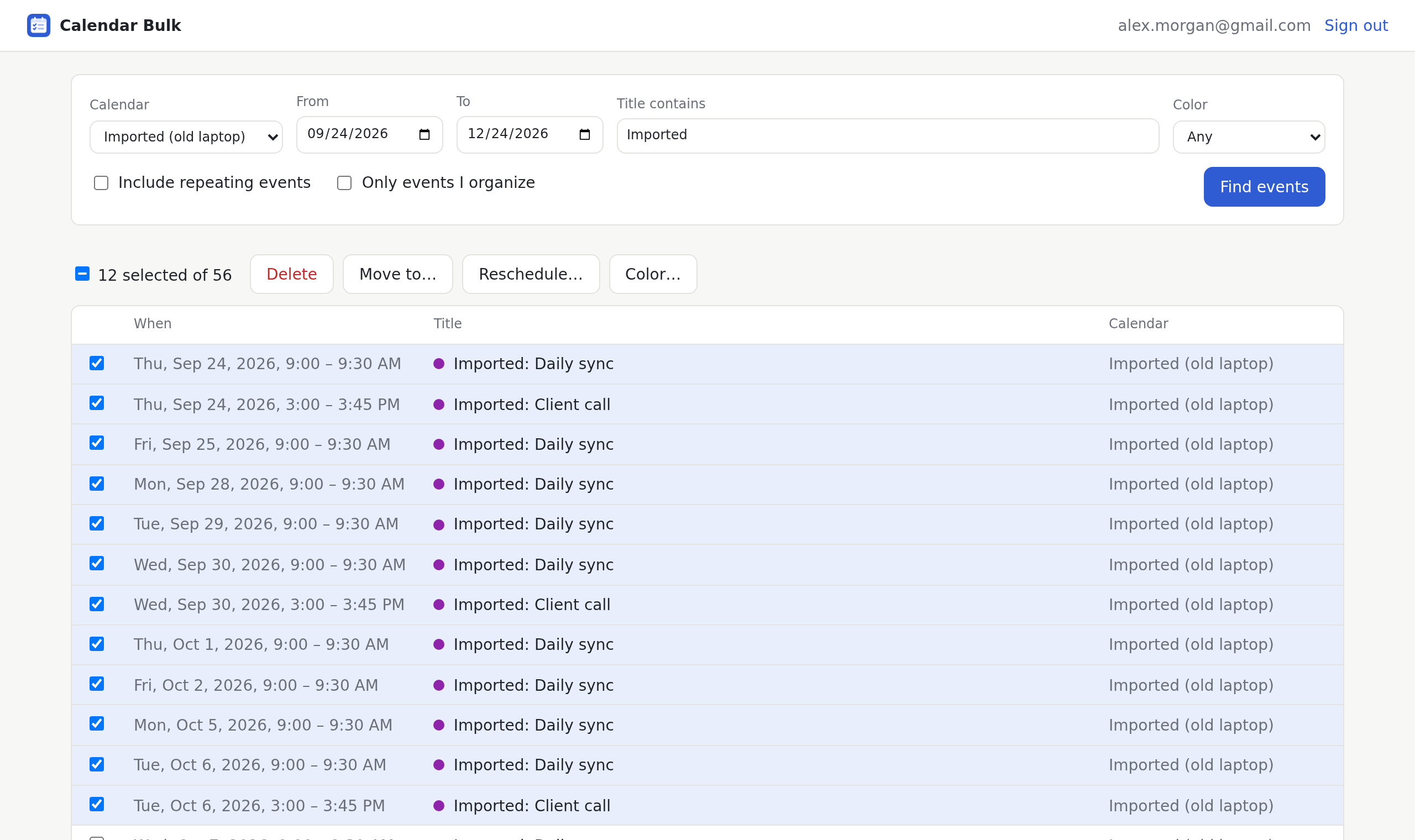 Calendar Bulk showing a list of selected events with Delete, Move, Reschedule and Color buttons