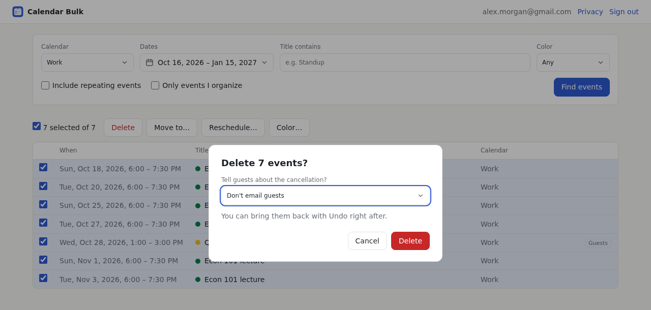 Calendar Bulk asking to confirm deleting all seven events in a Work calendar, with guests not emailed