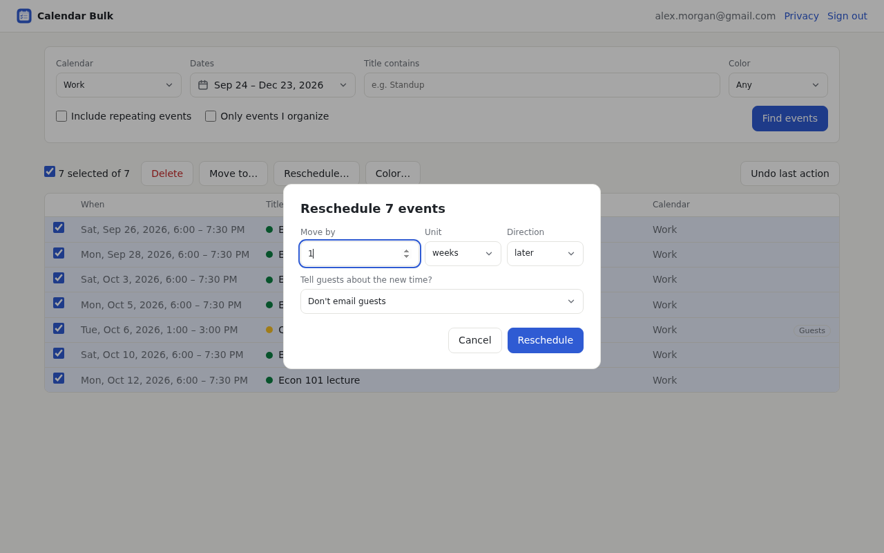 Calendar Bulk's Reschedule dialog moving five selected events one week later